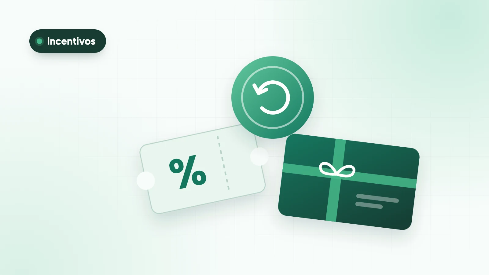 Ilustração com três cartões lado a lado, um ticket de cupom, uma moeda de cashback e um cartão-presente de giftback, sobre fundo verde-claro.