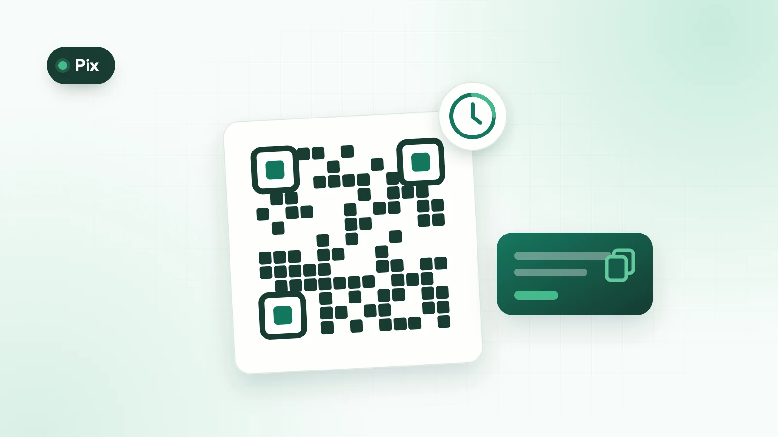 Ilustração de um código QR estilizado ao lado de um relógio e de um balão de mensagem, representando o lembrete de pagamento Pix pendente.