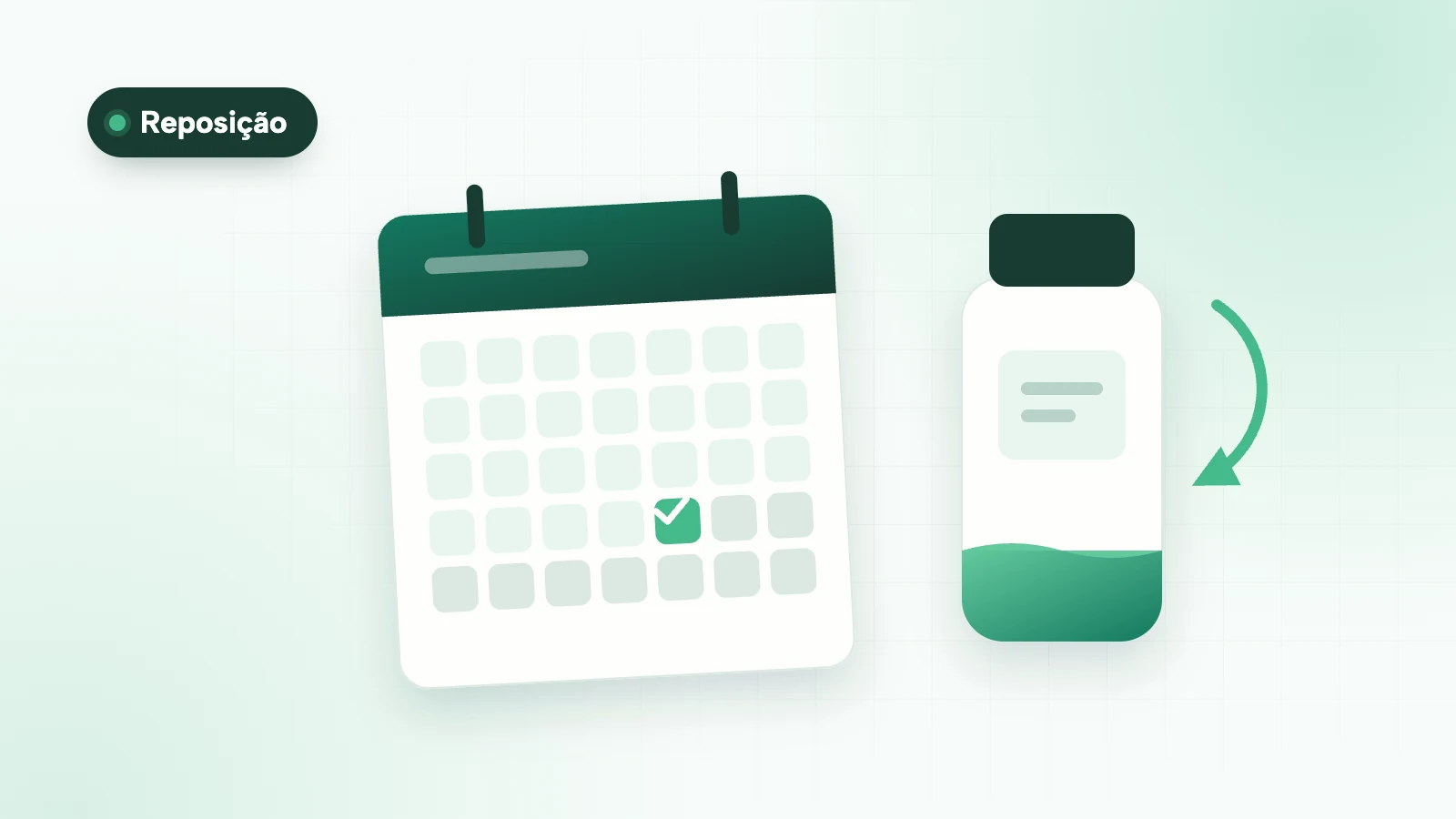 Ilustração de um calendário com um dia marcado e um pote de produto com nível baixo, representando o lembrete de reposição de produtos de consumo.
