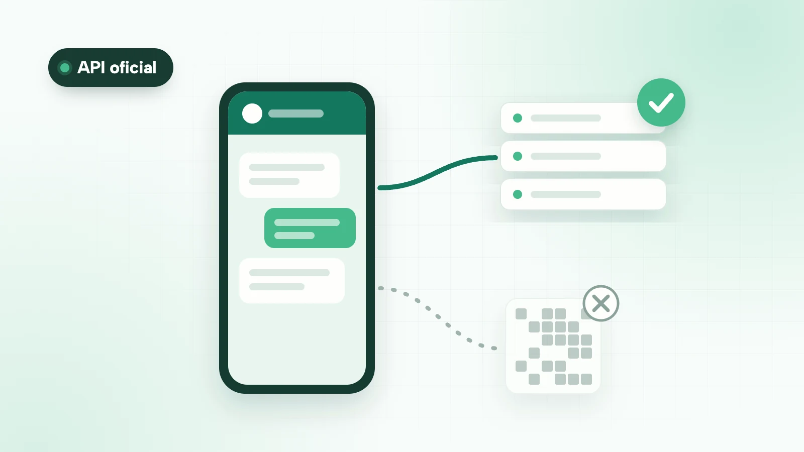 Ilustração de um celular com balões de conversa conectado por uma linha sólida a um servidor, ao lado de um QR Code com conexão tracejada.