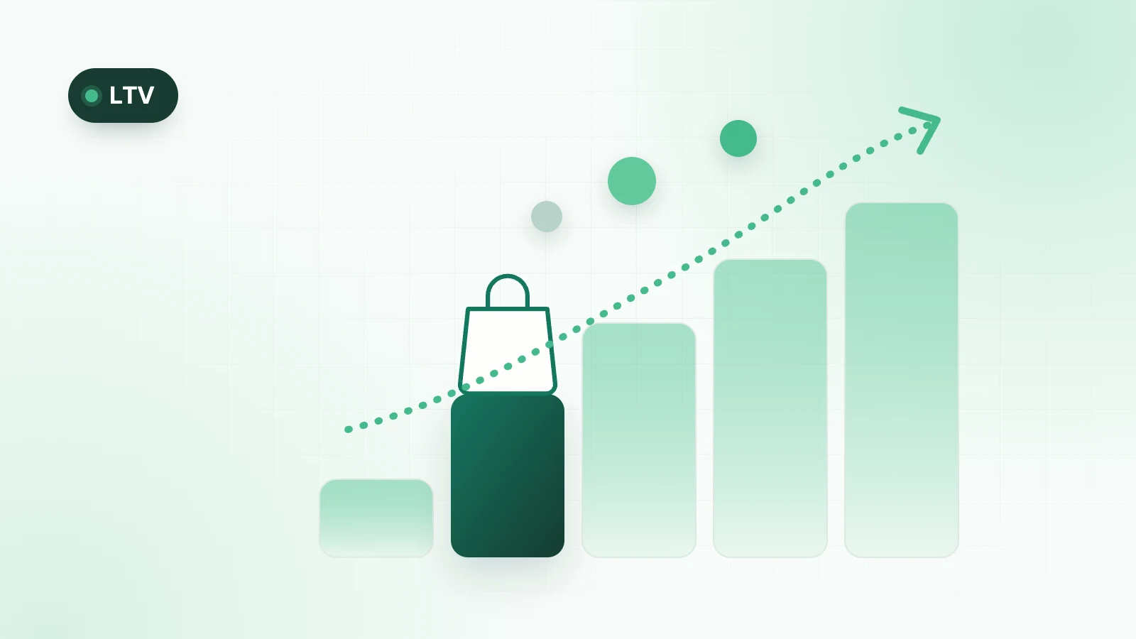 Ilustração de uma escada de degraus crescentes com uma sacola de compra no segundo degrau em destaque, representando o valor da segunda compra no LTV.